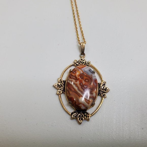 Red Orange Madagascar Agate Necklace‎ Gold Tone Gem - Picture 3 of 7
